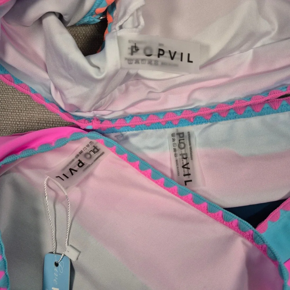 Popvil 3 Piece Swimsuit Set Teal Pink Colorblock Ric Rac Skirt Bikini Womens L
